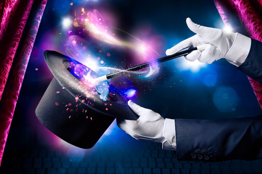 magician lesson hand with magic wand and hat